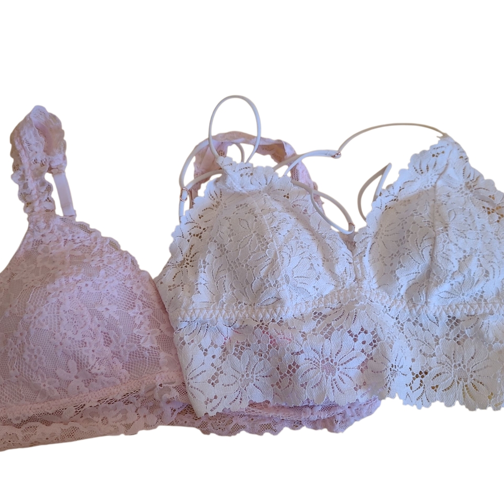 Victorias Secret Pink And No Bounderies Lace Bralette Set - Pink and White M/L